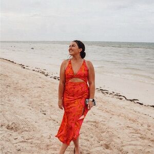 Hello Molly Satin Pink and Orange Cutout Dress